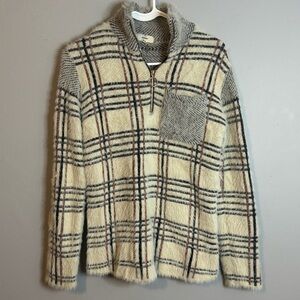 Entro Cream and Gray Plaid Zip-Up Sweater